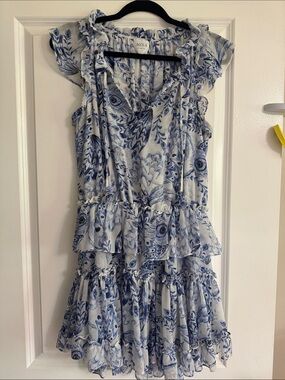 Misa Los Angeles Blue and White Floral Ruffle Tiered Mini Dress